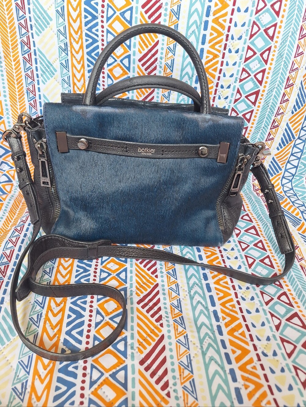 Botkier Leroy Blue Calf Hair Leather Satchel Crossbody Shoulder Bag